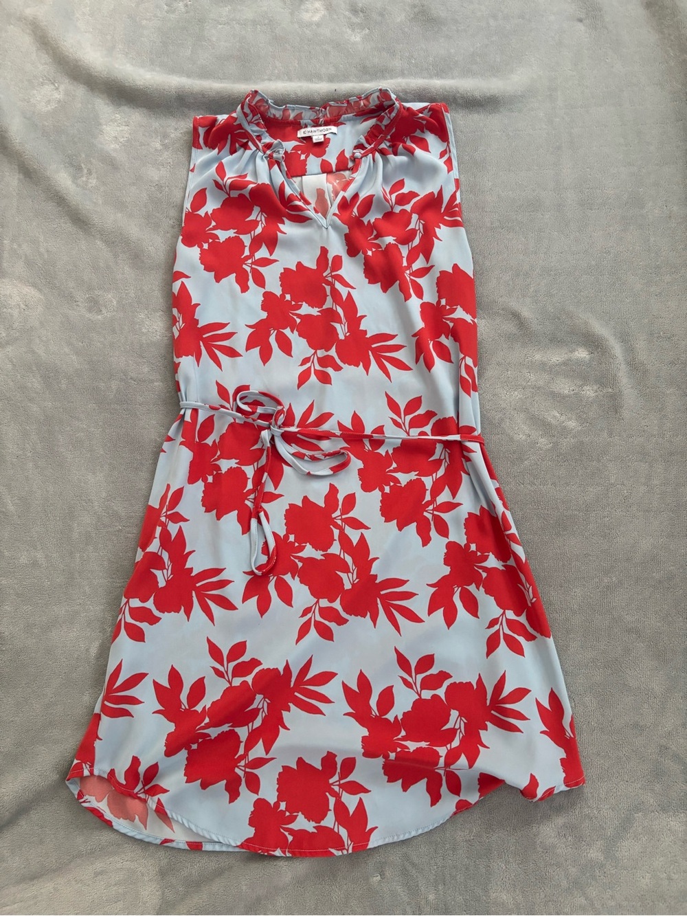Red Floral Belted Sleeveless Dress